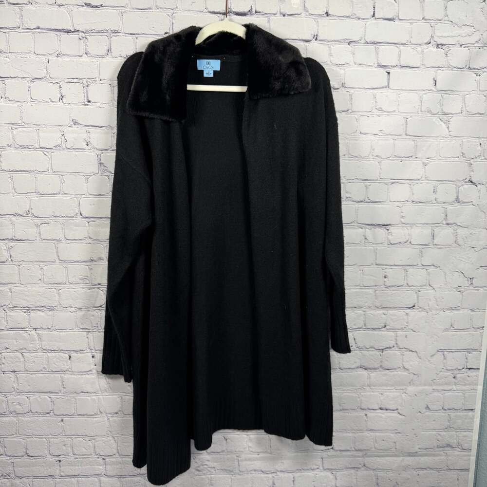 CeCe Women's Black Faux-Fur Collar Long-Sleeve Cardigan Size M